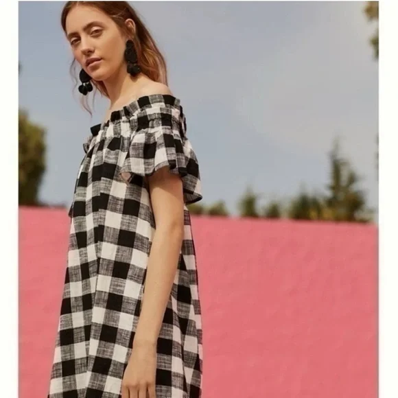 Corey Lynn Calter Off Shoulder Gingham Dress LAnthropologie Linen Blend Dress Corey Lynn Calter Off Shoulder Gingham Dress LAnthropologie Linen Blend Dress